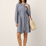 Vestido-Camiseiro Midi ADELAIDE em Linho Listrado com Cordão nas Costas a 100%