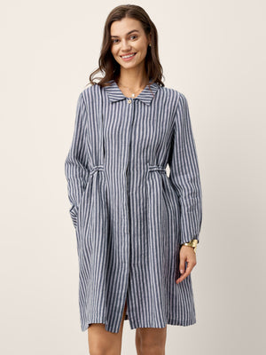 Vestido-Camiseiro Midi ADELAIDE em Linho Listrado com Cordão nas Costas a 100%