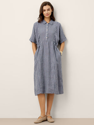 Vestido Midi CASSANDRA com Botões e Mangas Curtas, em Linho 100% com Padrão de Riscas