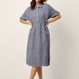 Vestido Midi CASSANDRA de Camisa com Botões e Manga Curta em Linho 100% Listrado