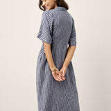 Vestido Midi CASSANDRA de Camisa com Botões e Manga Curta em Linho 100% Listrado