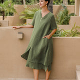Vestido Midi JAYDA 100% Linho com Decote em V e Camada Dupla