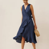 Vestido Maxi de Linho com Decote em V e Bainha com Folhos MAYA