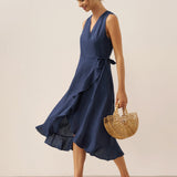 Vestido Maxi de Linho com Decote em V e Bainha com Folhos MAYA