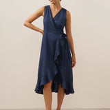 Vestido Maxi de Linho com Decote em V e Bainha com Folhos MAYA