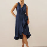 Vestido Maxi de Linho com Decote em V e Bainha com Folhos MAYA