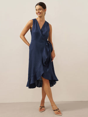 Vestido Maxi de Linho com Decote em V e Bainha com Folhos MAYA
