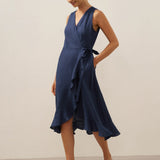 Vestido Maxi de Linho com Decote em V e Bainha com Folhos MAYA
