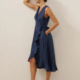 Vestido Maxi de Linho com Decote em V e Bainha com Folhos MAYA