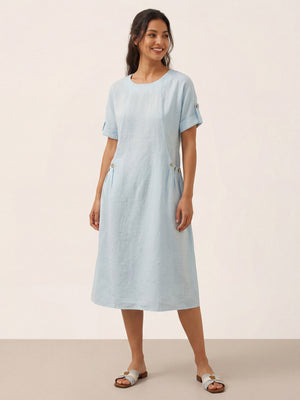 100% Linen Vintage A-Line Button Detail Maxi Dress AMIN
