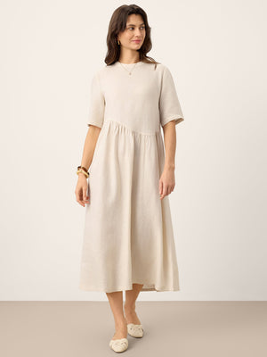 Vestido Maxi Fluido EUDORA 100% Linho com Costura em Arco
