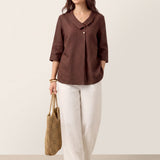 Top de Linho 100% Gola Assimétrica com Prega Invertida OTTILIE