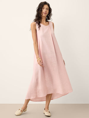 Vestido Comprido Evasê Karina em Linho 100% com Pregas Assimétricas