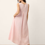 Vestido Comprido Evasê Karina em Linho 100% com Pregas Assimétricas