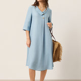 Vestido Midi A-Line com Gola Xaile Assimétrica em Linho 100% WINIFRED