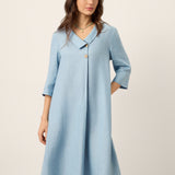 Vestido Midi A-Line com Gola Xaile Assimétrica em Linho 100% WINIFRED