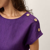 100% Linen Round Neck Button Detail Top ISABELLE