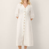 Vestido Midi LINNEA com Mangas Abauladas, Cintura Elástica e Botões Frontais, 100% Linho