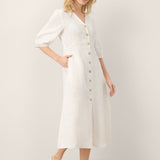 Vestido Midi LINNEA com Mangas Abauladas, Cintura Elástica e Botões Frontais, 100% Linho
