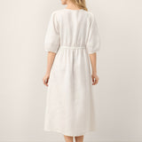Vestido Midi LINNEA com Mangas Abauladas, Cintura Elástica e Botões Frontais, 100% Linho