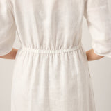 Vestido Midi LINNEA com Mangas Abauladas, Cintura Elástica e Botões Frontais, 100% Linho
