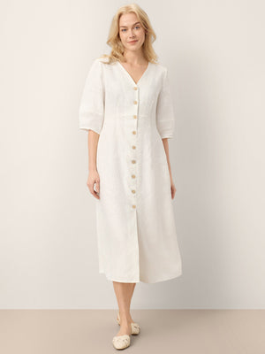 Vestido Midi LINNEA com Mangas Abauladas, Cintura Elástica e Botões Frontais, 100% Linho