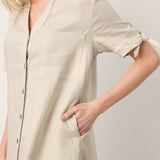 Vestido-Camiseiro em Linho 100% com Botões à Frente, Punhos com Laço e Decote em V HONORIA