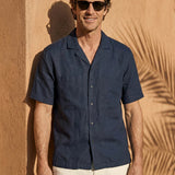 Camisa Henry de Linho 100% com Gola Cubana e Manga até ao Cotovelo
