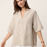 100% Linen Camp-Collar Patch-Pocket Top BRENNA