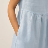 Vestido Maxi Lavado com Manga Curta Listrada de Linho JOAN