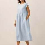 Vestido Maxi JOAN 100% Linho com Manga Curta e Acabamento Lavado
