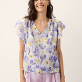 Top ELEANORA 100% Linho com Estampado de Cravos e Mangas com Folhos