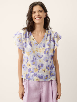 Top ELEANORA 100% Linho com Estampado de Cravos e Mangas com Folhos