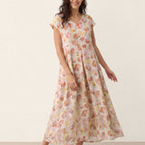 Vestido Maxi HARRIET 100% Linho com Estampado Cravina e Cintura Festonada