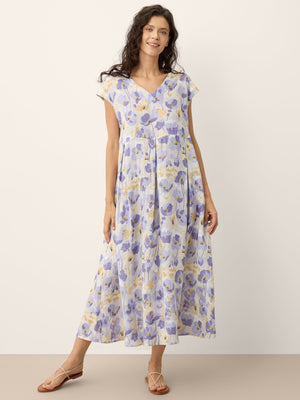 Vestido Maxi HARRIET 100% Linho com Estampado Cravina e Cintura Festonada