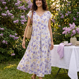 Vestido Maxi HARRIET 100% Linho com Estampado Cravina e Cintura Festonada