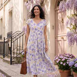 Vestido Maxi HARRIET 100% Linho com Estampado Cravina e Cintura Festonada