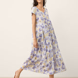 Vestido Maxi HARRIET 100% Linho com Estampado Cravina e Cintura Festonada