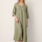 Vestido Maxi ZENOBIA em Linho 100%, com Pregas Centrais, Decote em V e Manga com Punho