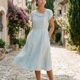 Vestido Midi FIONA 100% Linho com Gola Crescente e Manga Curta