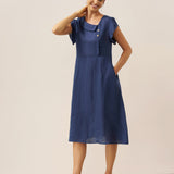 Vestido Midi FIONA 100% Linho com Gola Crescente e Manga com Folhos