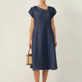 Vestido Midi FIONA com Gola Crescente e Manga Godé em Linho 100%