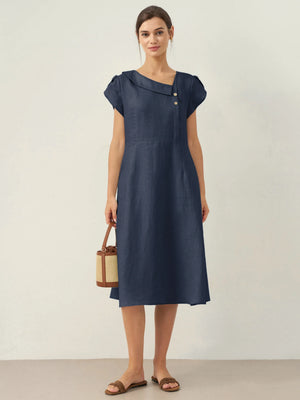 Vestido Midi FIONA com Gola Crescente e Manga Godé em Linho 100%