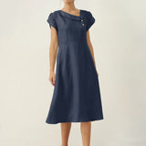 Vestido Midi FIONA 100% Linho com Gola Crescente e Manga Curta
