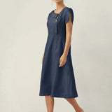 Vestido Midi FIONA 100% Linho com Gola Crescente e Manga Curta