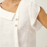 Top FARA de Linho 100% com Gola Crescente e Manga de Folho