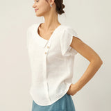 Top FARA em Linho 100% com Gola Crescente e Manga Flutter