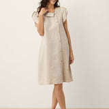 Vestido Mini com Gola Crescente e Mangas com Folhos em Linho 100% THERESA