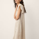 Vestido Mini com Gola Crescente e Mangas com Folhos em Linho 100% THERESA