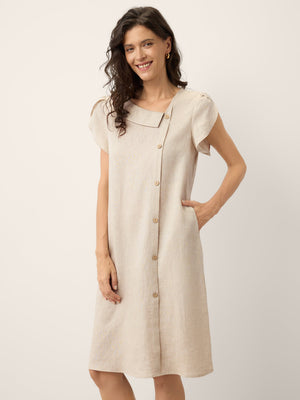 Vestido Mini com Gola Crescente e Mangas com Folhos em Linho 100% THERESA